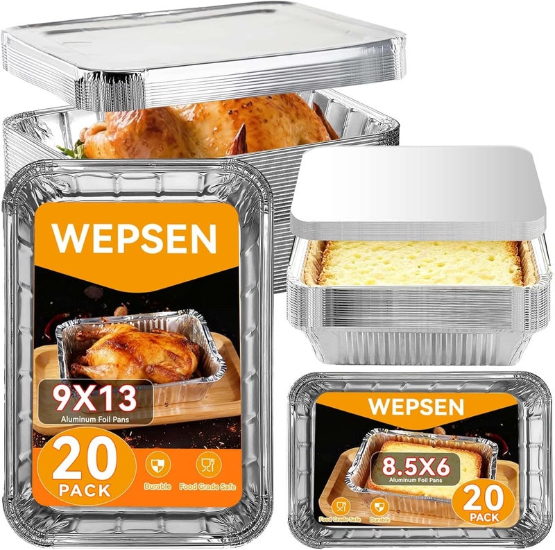 WEPSEN 40 Pack Aluminum Pans with Lids,20 Large 9x13" Aluminum Pans Disposable (10 Heavy Duty Lids) & 20 Medium 8.5x6" Foil Pans (20 Foil Covers), Aluminum Trays With Lids for Baking, Meal Prep, Takeout - Image 1